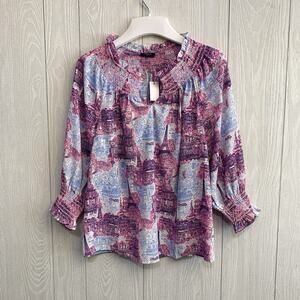 Talbots Petites Smocked 3/4 Sleeve Pink Blue Paris Top PS NWT